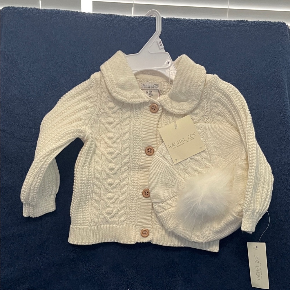 Rachel Zoe Ivory Knit Cardigan and Hat Set
